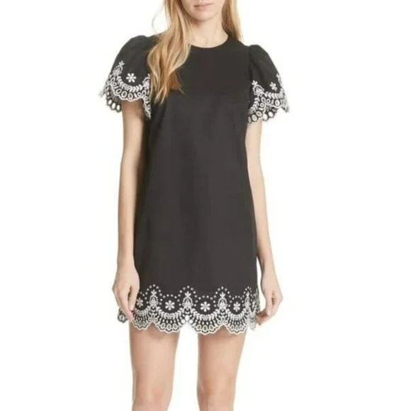 Kate Spade Black Floral Embroidered Cotton Shift Mini Dress Small Short Sleeve